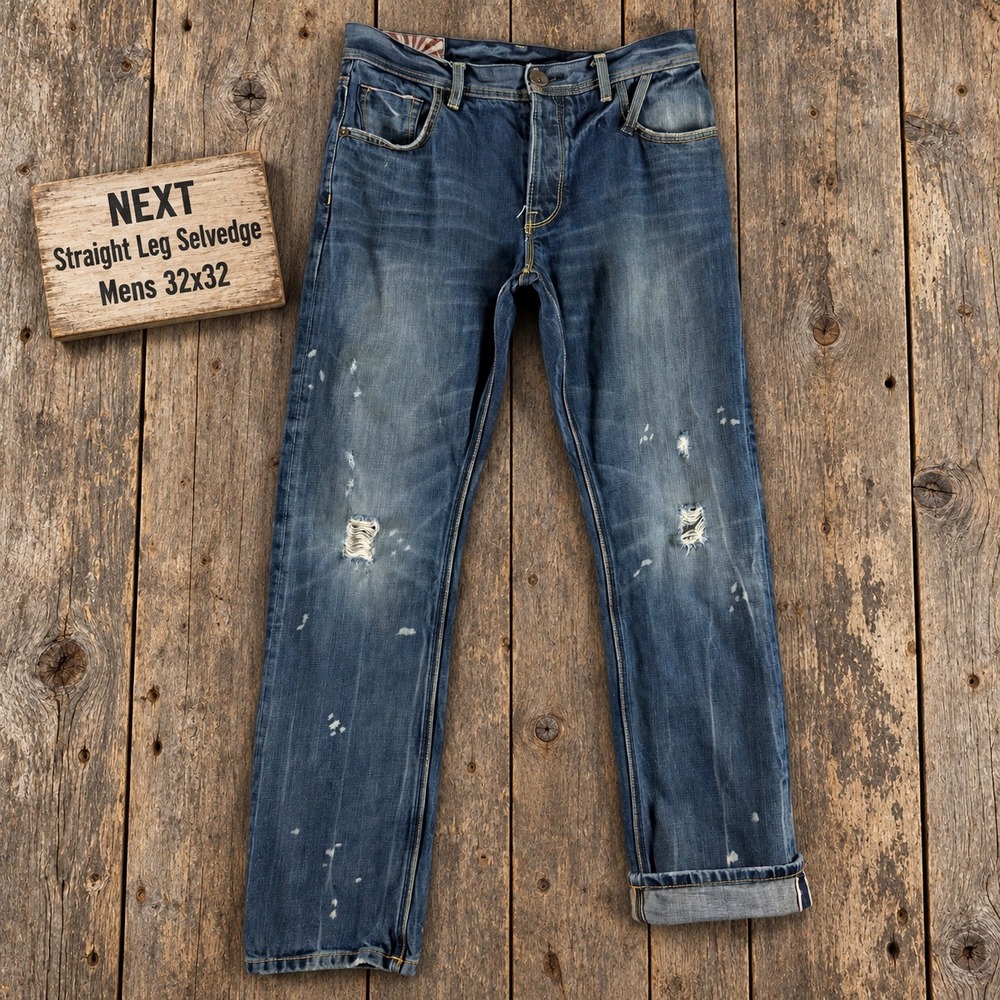 Next Mens Straight Leg Selvedge Jeans Blue Distressed Paint Splatter 32x32